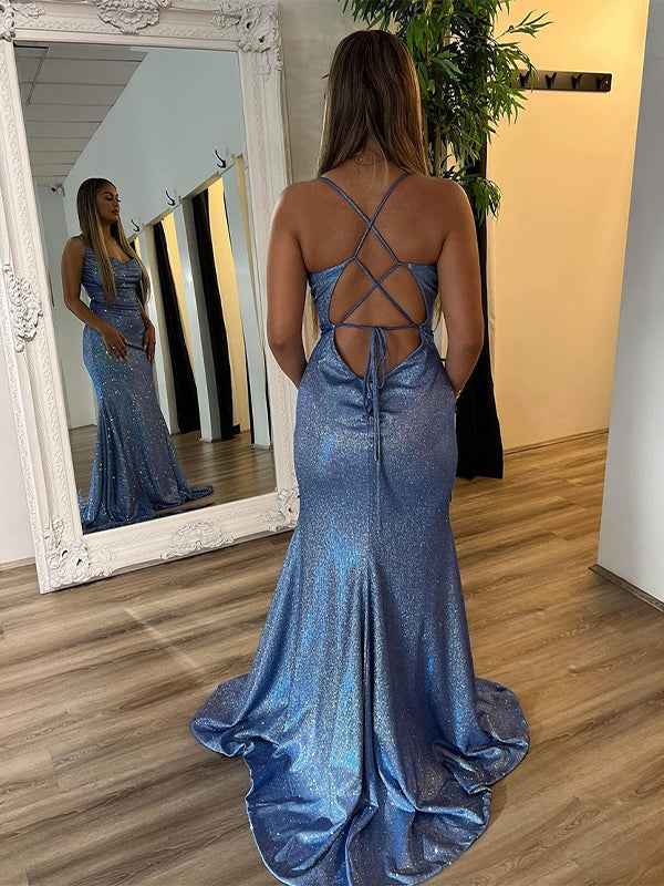 Grey Blue Mermaid Sequin Long Prom Dress Criss Cross Back