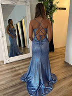 Grey Blue Mermaid Sequin Long Prom Dress Criss Cross Back