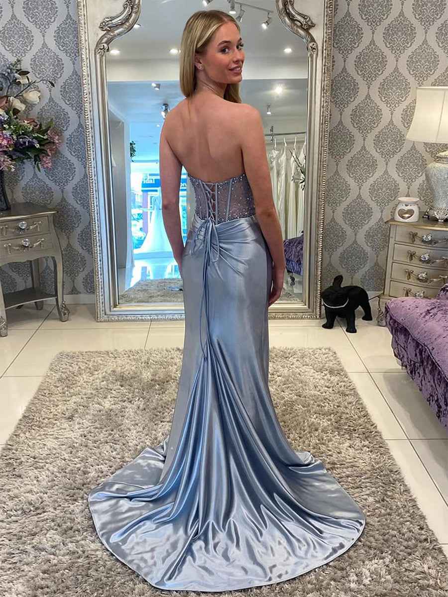 Grey Blue Strapless Beaded Mermaid Prom Dress Sweetheart Neckline With Slit