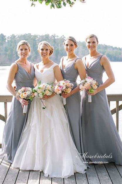 Vestidos de dama de honor clásicos de gasa gris, corte A, vestidos de dama de honor 