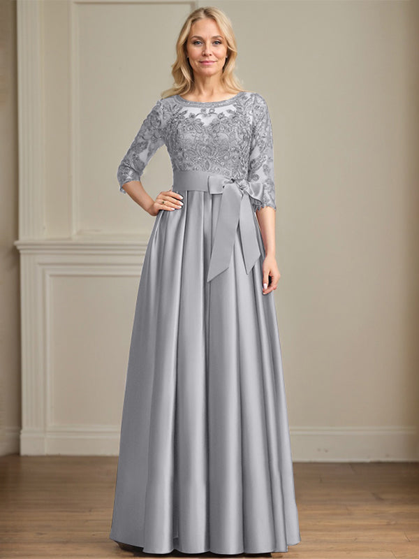 A-Linie, U-Ausschnitt, Illusion, bodenlanges Satin-Spitzenkleid für die Brautmutter mit Paillettenschleife 