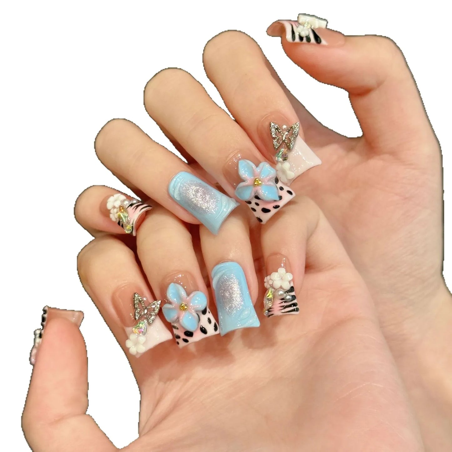 Diseño personalizado de marca propia, diseño corto de pico de pato 3D floral, arte de uñas hecho a mano 