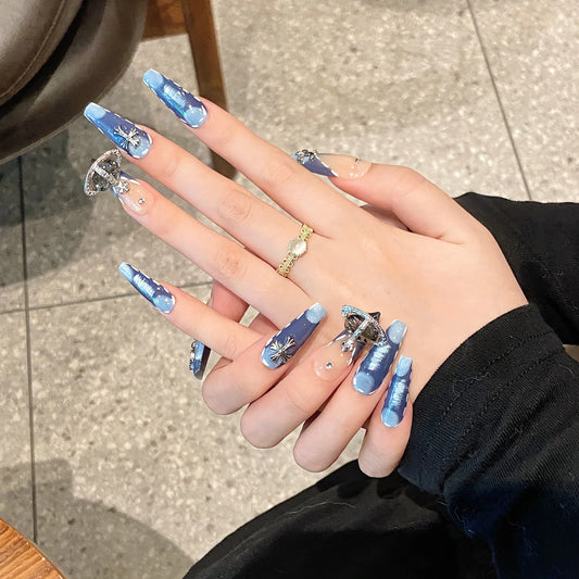 Fake Nails Blue Cool Style High Quality Acrylic False Nails Long Square Press on Nails