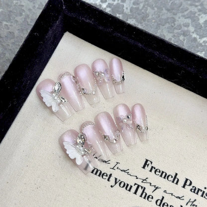 High Quality Full Cover ABS Reusable Press on Nails Glitter Luxury butterfly Rhinestones Stick on Nails