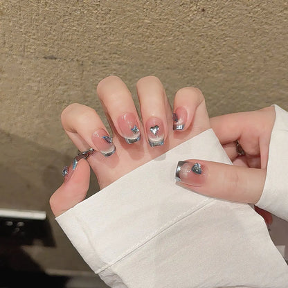 Uñas postizas artificiales de alta calidad con purpurina, reutilizables y desmontables, de lujo, en color rosa ojo de gato. 