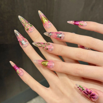 Uñas usables hechas a mano con diseño floral rosa y espejo mágico pintado de chica picante estilo vacaciones en la isla 