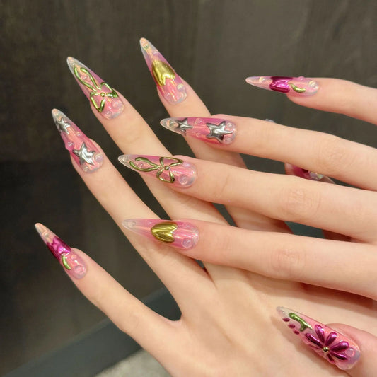 Uñas usables hechas a mano con diseño floral rosa y espejo mágico pintado de chica picante estilo vacaciones en la isla 