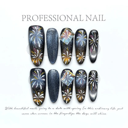 New Handmade Phantom Gradient Cat Eye Flash Aurora rainbow Fireworks New Year Hand Painted Long Oval False Nails