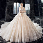 Elegant Crystal Lace V Neck Ball Gown Wedding Dress With Chapel Train