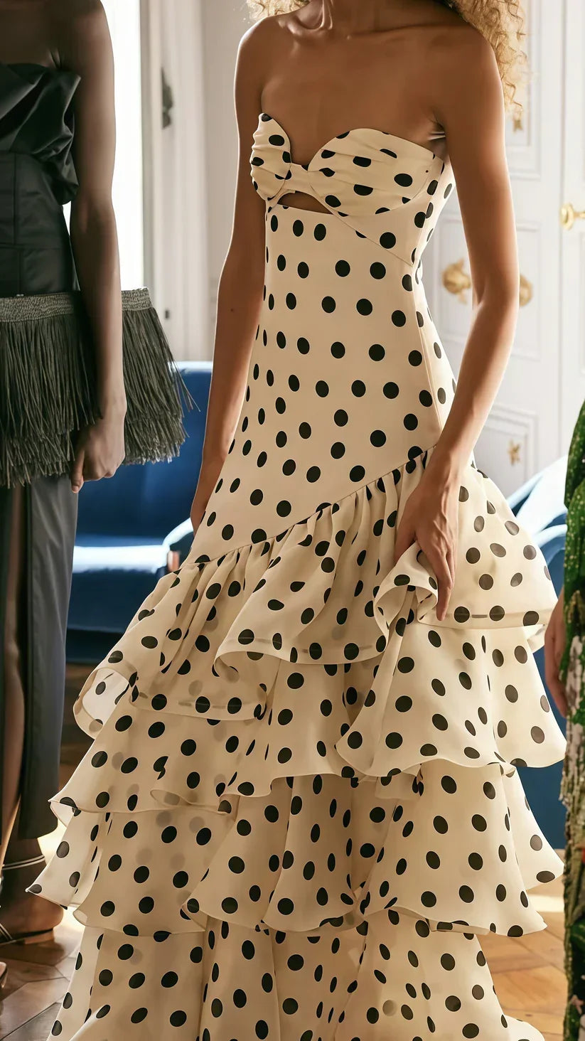 Abito da sera elegante a sirena senza spalline in chiffon con volant e pois a cuore Y8279