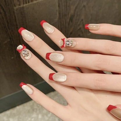 Uñas francesas cortas minimalistas de ojo de gato, de alta calidad, color rojo, para uso diario, hechas a mano. 