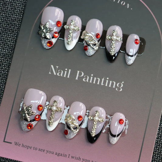 Purple French False Nails Short Almond Press on Nails 3D Diamonds Handmade Fake Nails