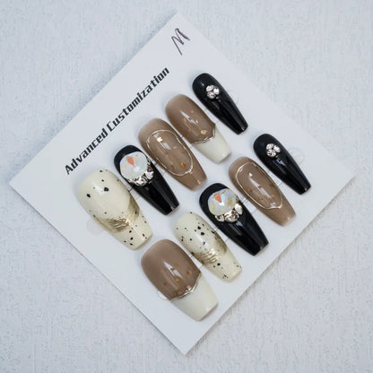 10 uñas postizas artificiales con diseño de uñas de imitación de lujo con brillo mate. 