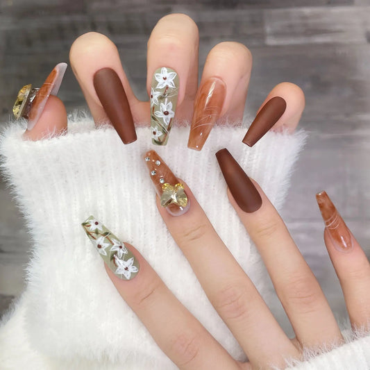 New Style Brown Matte Press on Nails Glitter Rhinestone Luxury Ballet Coffin Handmade False Nails