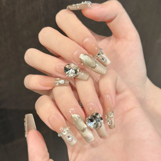 Puntas de uñas de presión larga con diamantes de imitación grandes de alta calidad, adornos para uñas de gel acrílico hechos a mano, personalizados 