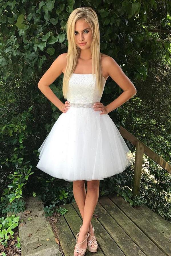 White Off Shoulder A-line Tulle Beaded Strapless Homecoming Dresses