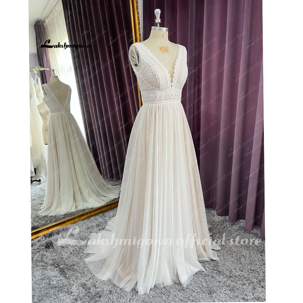 Custom Bohemian V Neck A Line Wedding Dress With Lace Trim