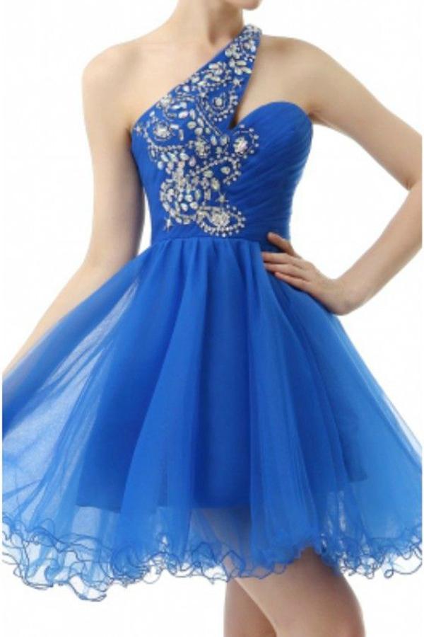 Vestido de fiesta corto con tirantes azules, un hombro y cuentas