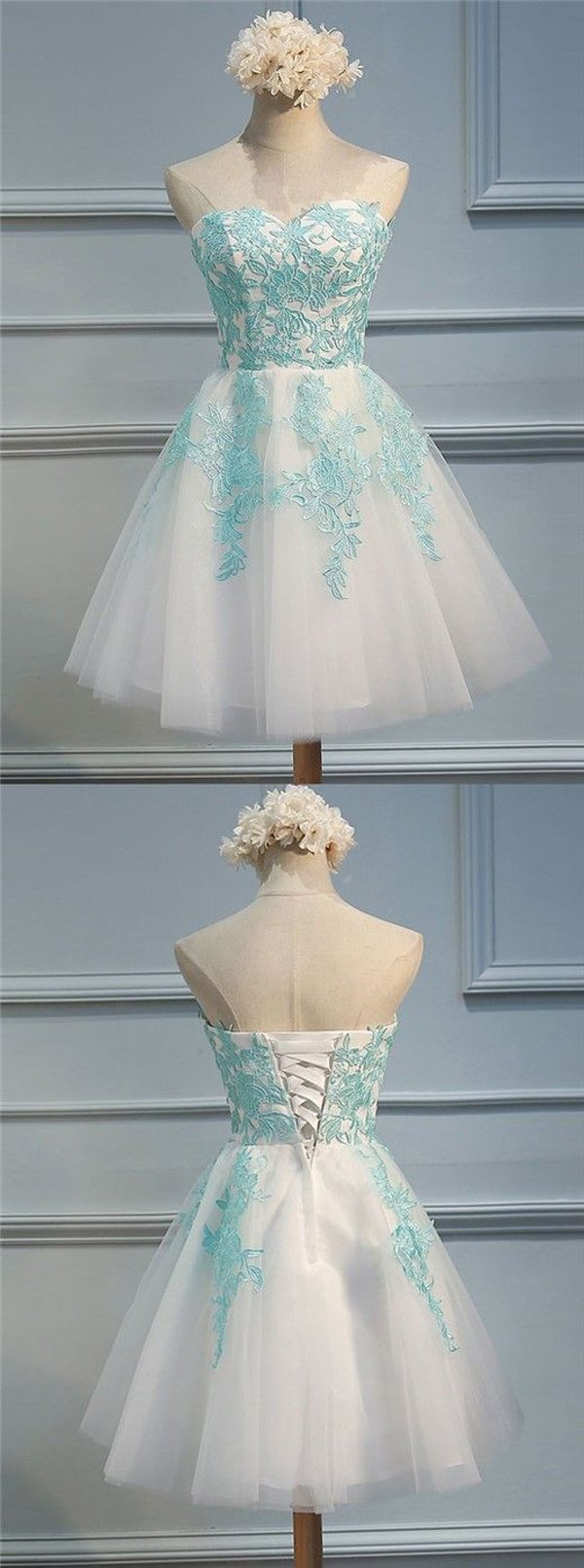 Tulle A-line Sweetheart Appliques Open Back Homecoming Dresses