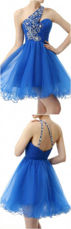 Vestido de fiesta corto con tirantes azules, un hombro y cuentas