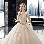 Elegant Crystal Lace V Neck Ball Gown Wedding Dress With Chapel Train