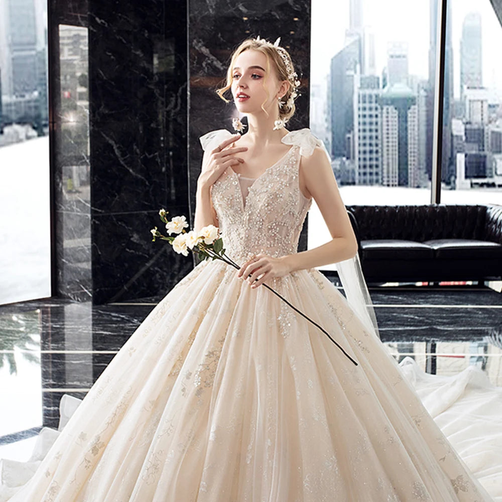 Elegant Crystal Lace V Neck Ball Gown Wedding Dress With Chapel Train
