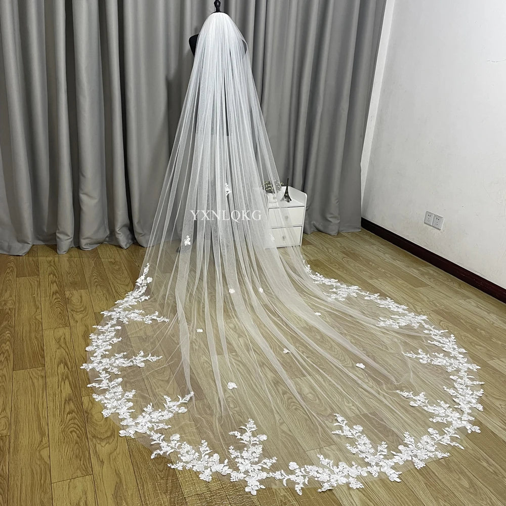 Single Layer Cathedral Wedding Veil With Lace Edge Applique Comb Ivory White