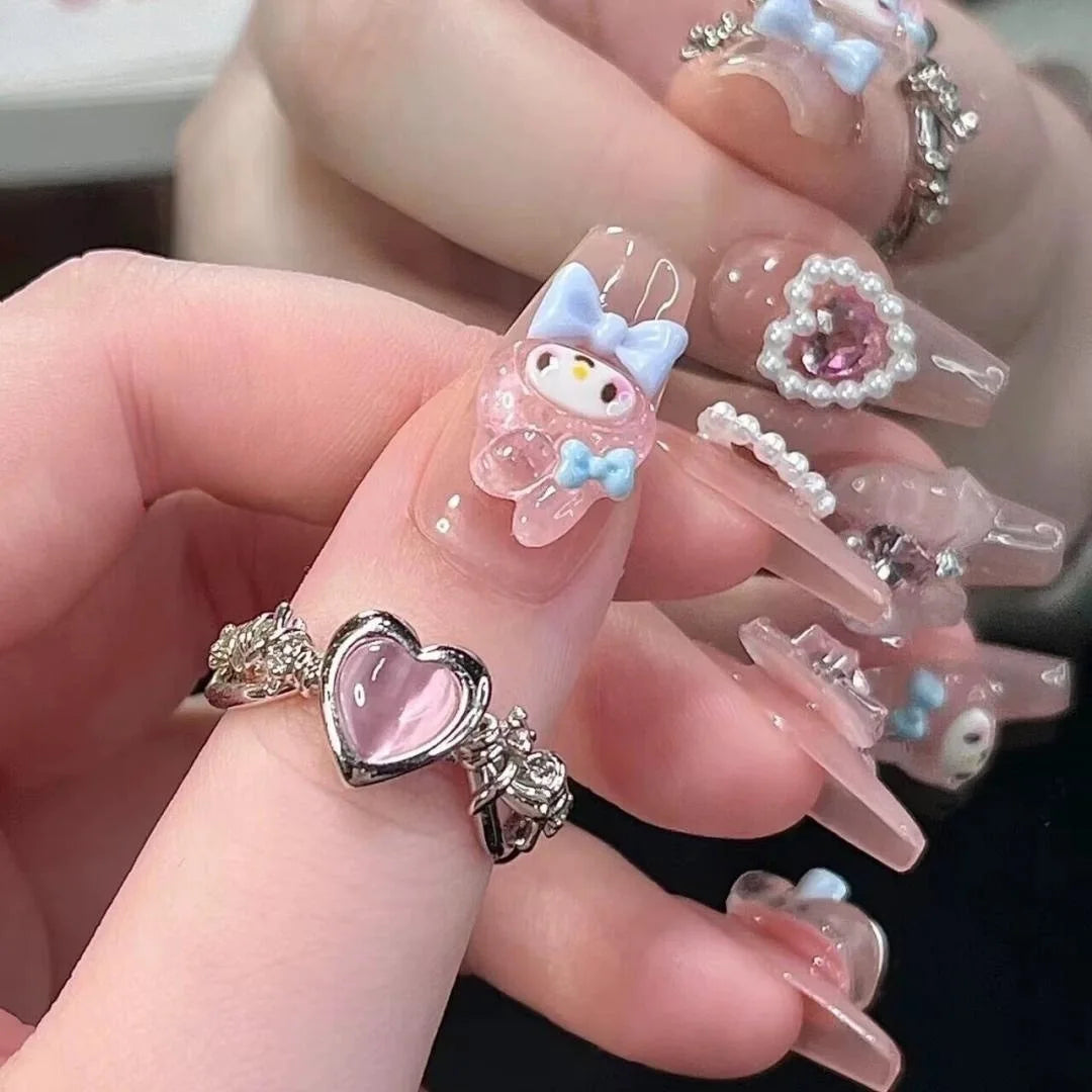 Uñas postizas de gel rosa de dibujos animados, hermosas uñas kawaii lindas, uñas adhesivas 