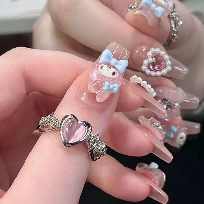 Uñas postizas de gel rosa de dibujos animados, hermosas uñas kawaii lindas, uñas adhesivas 