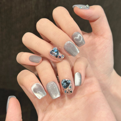 Uñas postizas personalizadas de ojo de gato azul con purpurina, 10 unidades, hechas a mano, con diamantes de imitación 