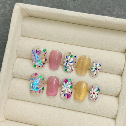 Uñas postizas de prensa con diseño de flores pequeñas pintadas a mano, con pegamento y diamantes brillantes. 