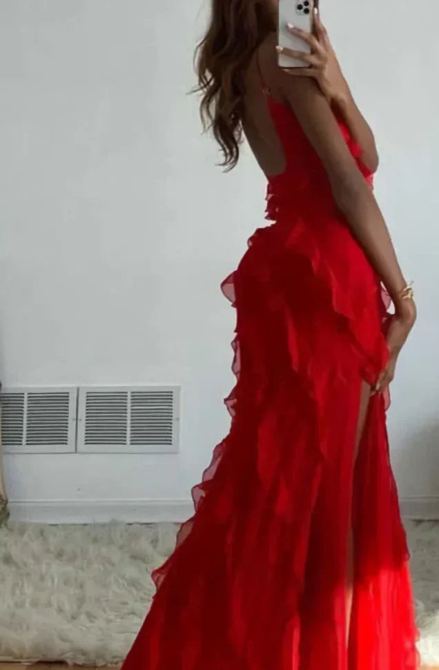 Abito lungo formale da sera con balze rosse Elegante abito da sera Y7979