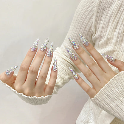 Venta directa de fábrica de uñas postizas artificiales francesas puntiagudas largas con forma de gota de agua, coloridas y brillantes, con diseño de diamantes de imitación. 