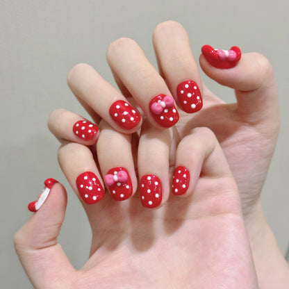Uñas postizas de gel cortas de primera calidad, hechas a mano, con diseño de dibujos animados, para niñas, uñas artificiales 3D con diseño de lunares. 