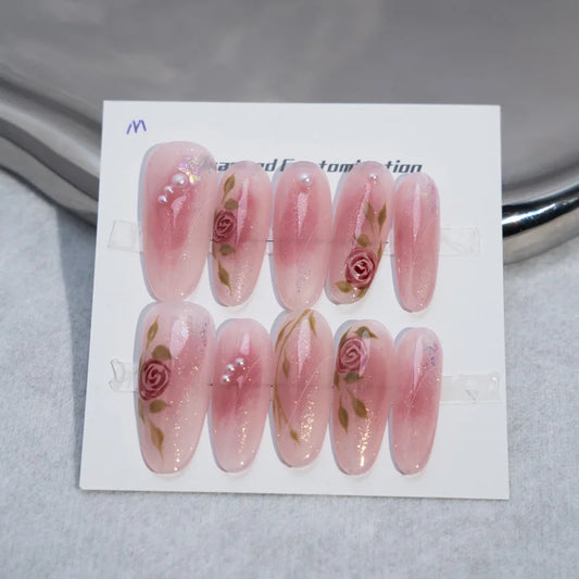 Design Transparent pink Fantasy Rose square Coffin on Nails