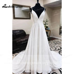 Elegant White Crepe Satin Spaghetti Strap A Line Wedding Dress