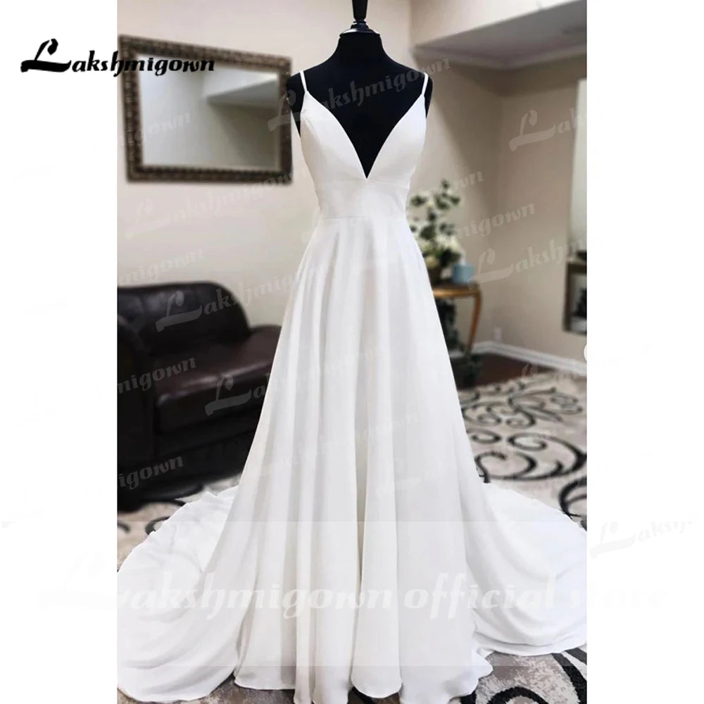 Elegant White Crepe Satin Spaghetti Strap A Line Wedding Dress