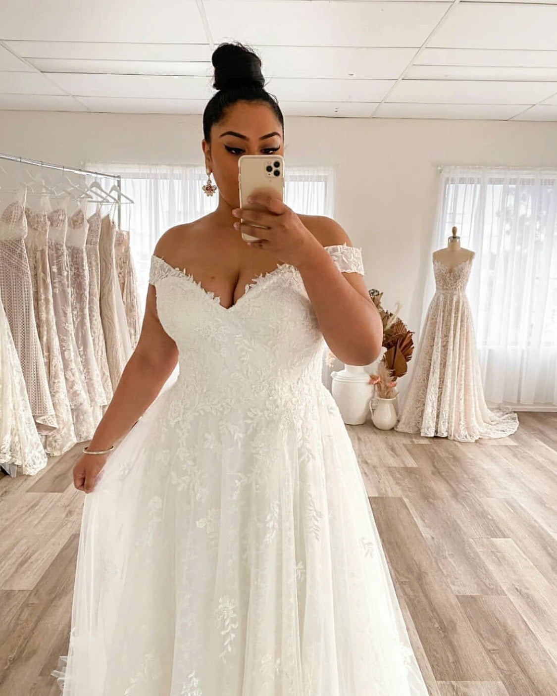 Lakshmigown Plus Size A Line Off The Shoulder Lace Applique Sweep Train Gown