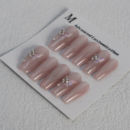 Long pink Coffin Diamond Press on Nails Hand-painted butterfly Acrylic Finger ABS