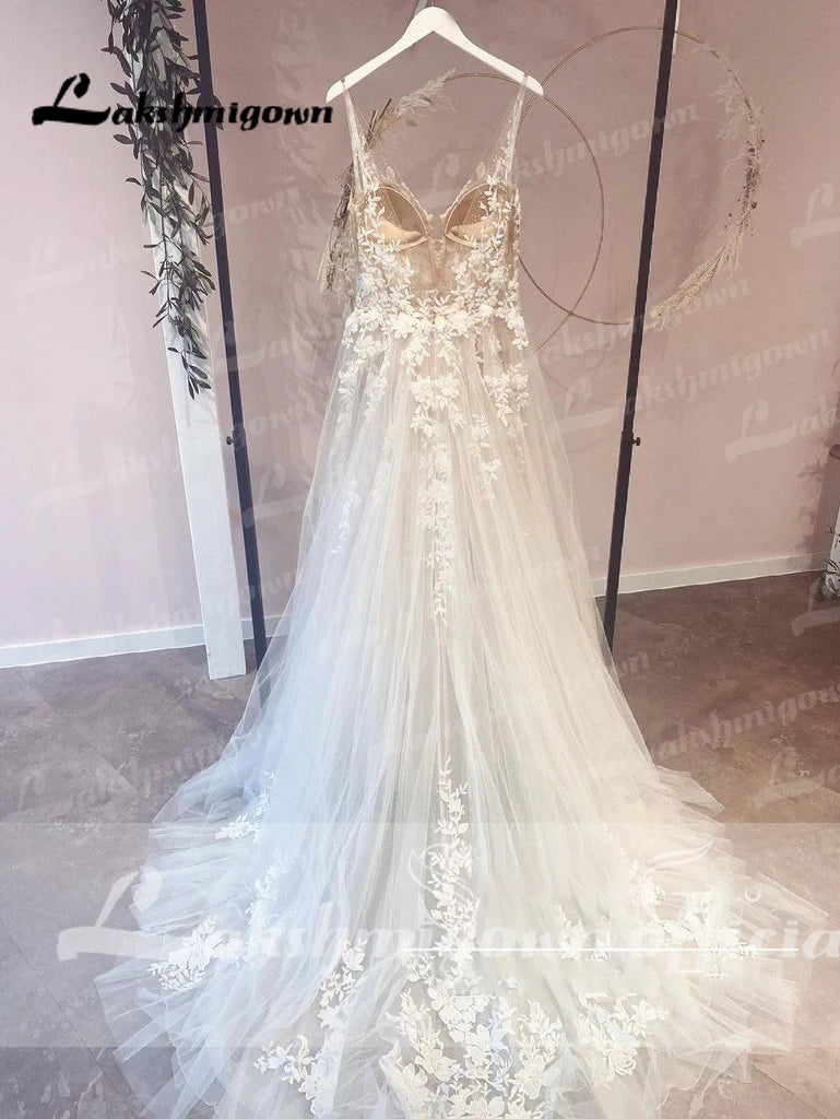 Lakshmigown Flowy A Line Tulle V Neck Wedding Dress With Custom Made Beach Bridal Gown