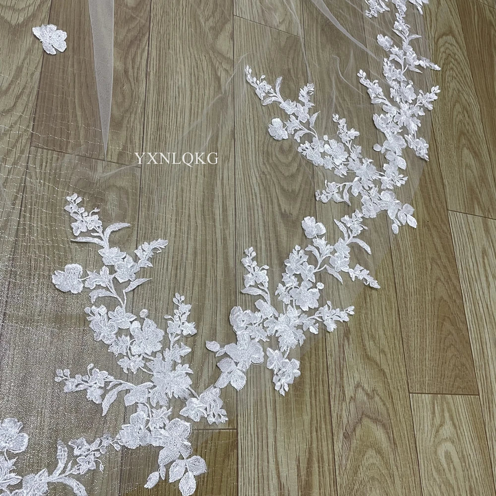 Single Layer Cathedral Wedding Veil With Lace Edge Applique Comb Ivory White