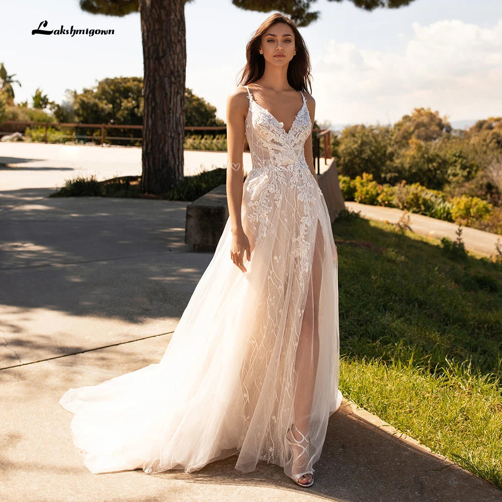 Boho Wedding Dress With Slit Backless Lace Bridal Gown Custom Made
