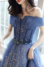 Robe longue de bal formelle en tulle bleu à paillettes Y4907