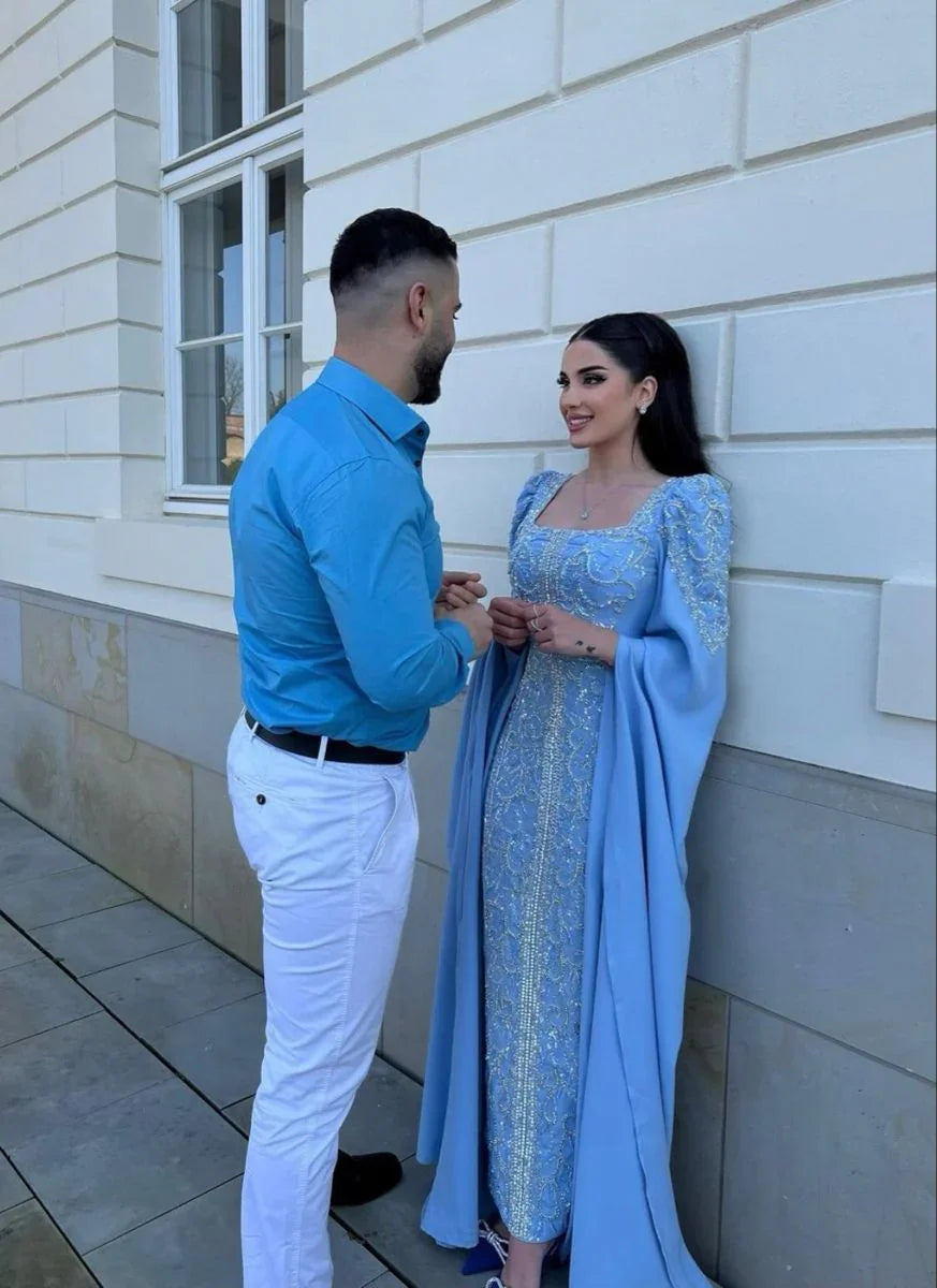 Robes de soirée luxueuses élégantes bleues à sequins perlés, bordure en satin avec châle, robe de bal musulmane arabe de Dubaï Y4669