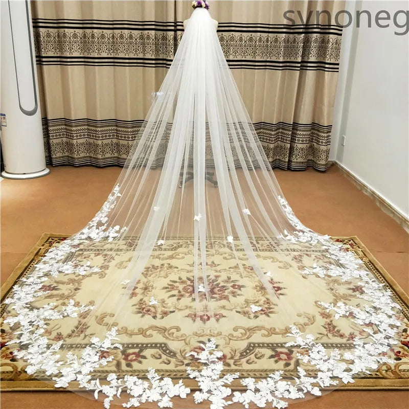 White Ivory One Layer Cathedral Wedding Veil With Lace Edge