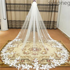 White Ivory One Layer Cathedral Wedding Veil With Lace Edge