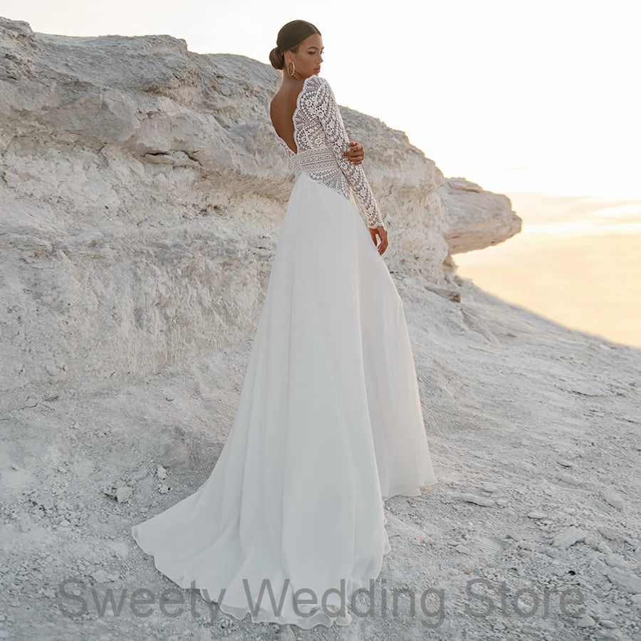 Customized Boho Wedding Dress Long Sleeves Lace Backless Summer Bridal Gown