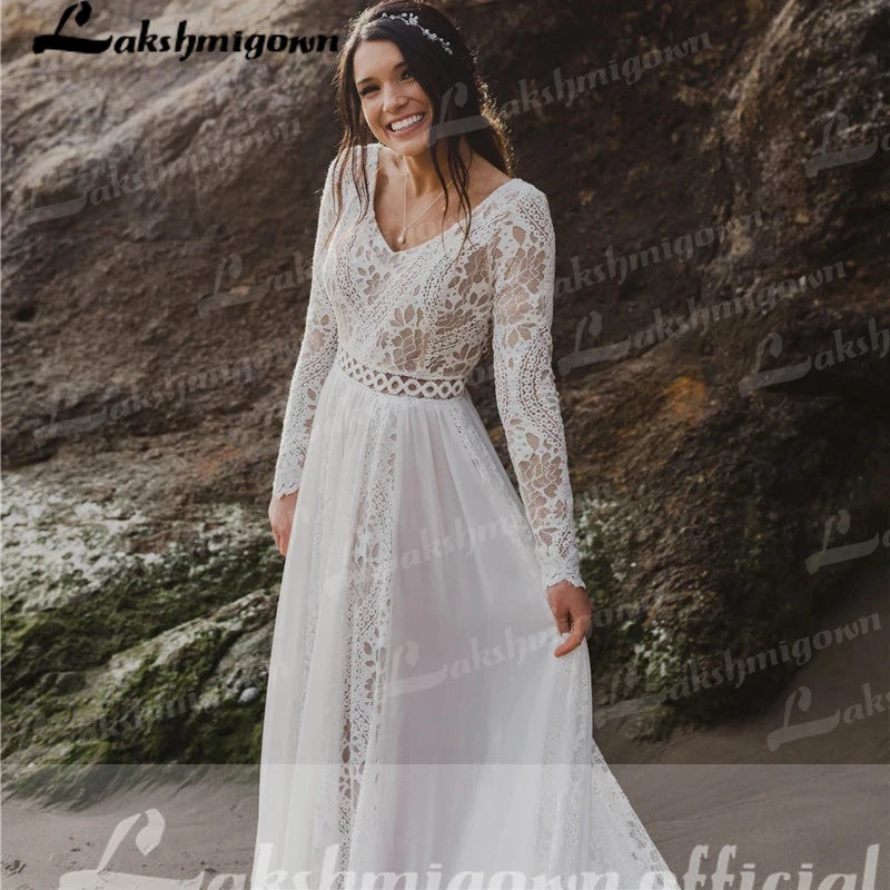 Boho Chiffon Wedding Dress Lace Long Sleeves Backless A Line Bridal Gown