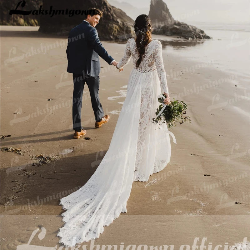 Boho Chiffon Wedding Dress Lace Long Sleeves Backless A Line Bridal Gown