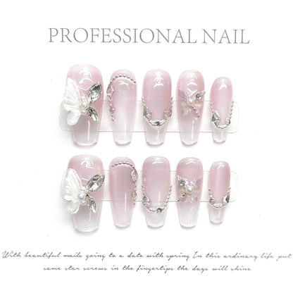 Gran oferta, 10 unidades de uñas cortas de alta calidad con diseño de mariposa de jade, sombra flotante, prensadas a mano, de lujo, hechas a mano. 